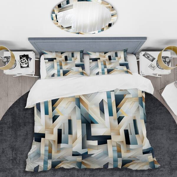 Designart "Neutral Grey Tiles Mosaic II" Blue Modern Bed Cover Set With